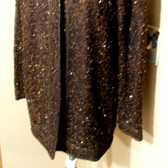 Vintage STENAY 100% Silk ALL Beaded Formal Jacket S Brown Hook front Overcoat LS - Picture 8 of 13